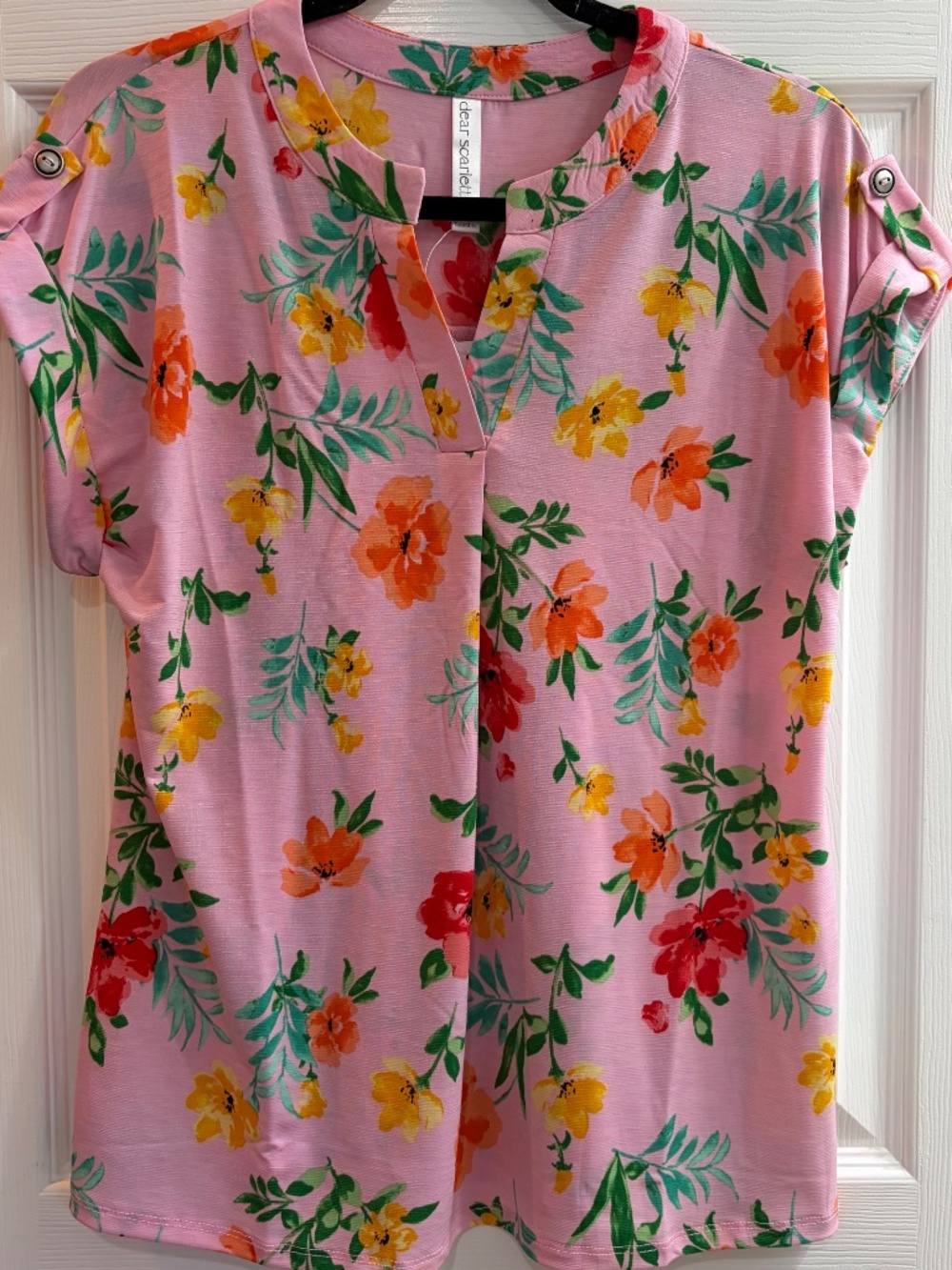 New Dear Scarlett Pullover Shirt Short Sleeve Roll Tab Blouse Floral Pink - Picture 5 of 8